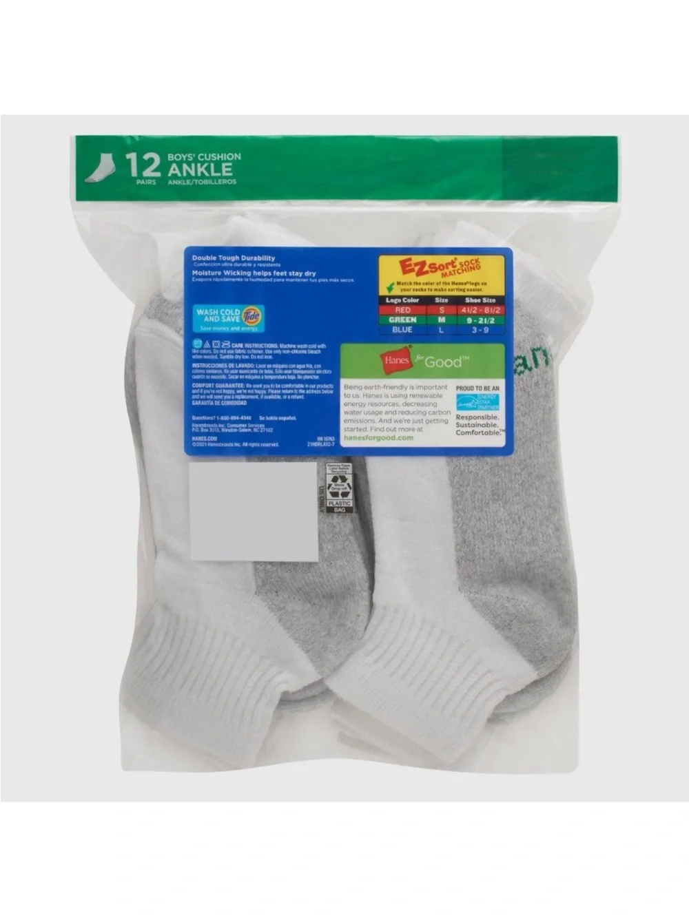 Hanes Boys' Cushion Ankle Socks - White & Gray 2 (12-Pack) total socks 22